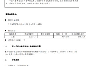 邮储银行：将于2025年1月8日派发半年度现金红利 每股派发现金红利0.1477元