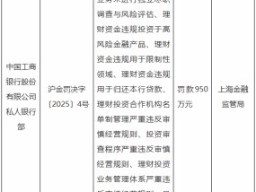 某大行私人银行部被罚950万元：因理财资金违规用于限制性领域、违规用于归还本行贷款等