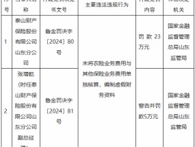 泰山财险山东分公司被罚23万元：未将农险业务费用与其他保险业务费用单独核算，编制虚假财务资料