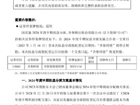 齐鲁银行：2024年度中期权益分派时“齐鲁转债”停止转股