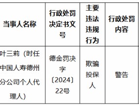 中国人寿德州分公司一时任个人代理人因欺骗投保人被罚