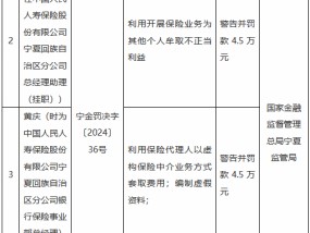 人保寿险宁夏回族自治区分公司被罚42.5万元：利用保险代理人以虚构保险中介业务方式套取费用等