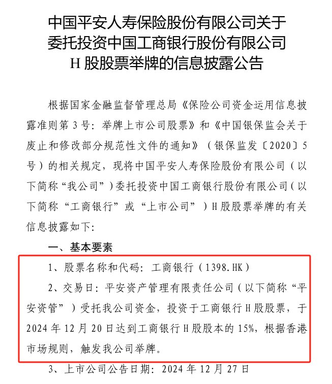 险资仍在“囤”银行！2024最后一天平安人寿举牌工商银行H股 持股比例达到15%