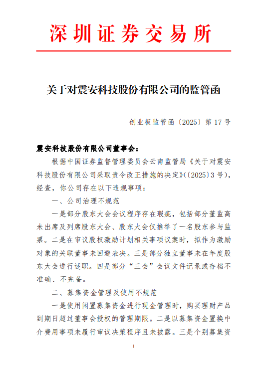 震安科技因公司治理不规范等问题收深交所监管函，创业板监管趋严信号凸显